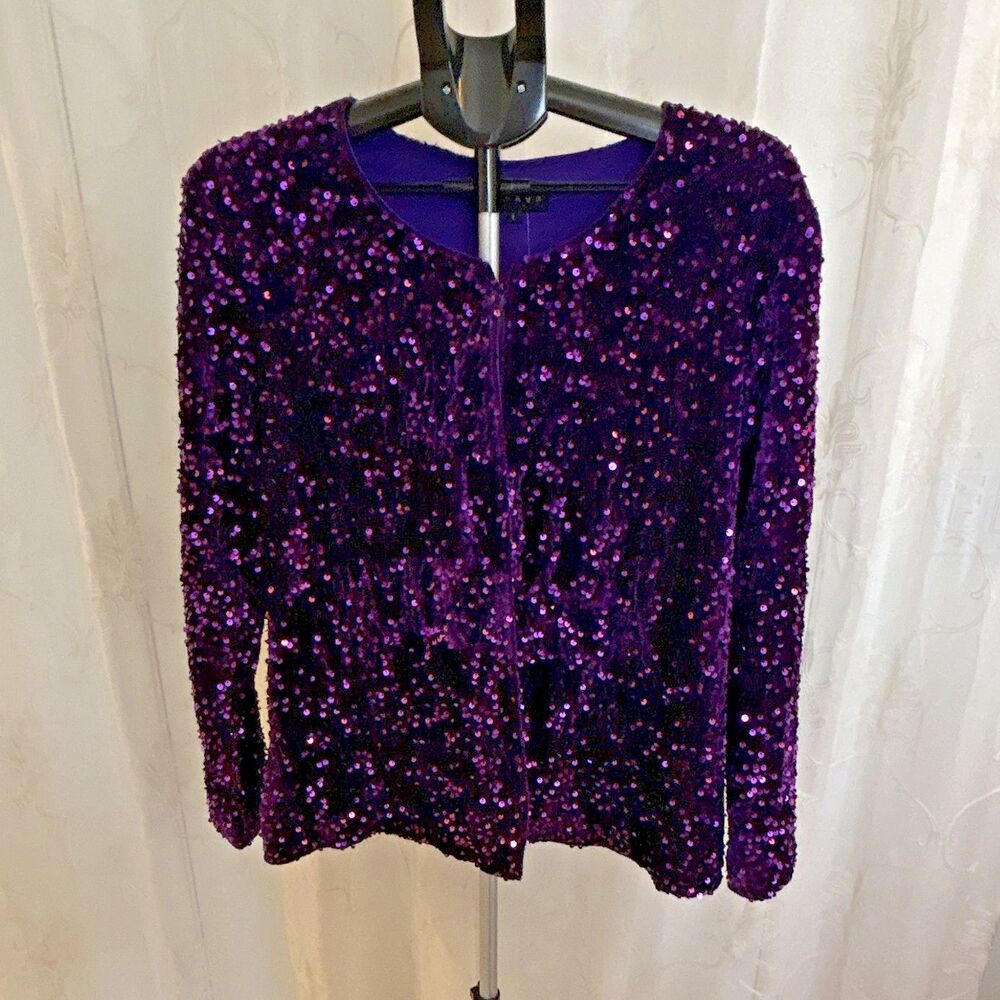 New w/Tags Weavz Velvet Glitter Cardigan Purple Sequin Jacket Size L MSRP $160